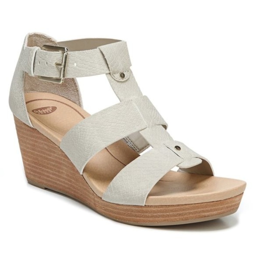 NEW Dr Scholls Womens Size 7.5 Light Gray Cream Snakeskin Wedges Sandals Shoes